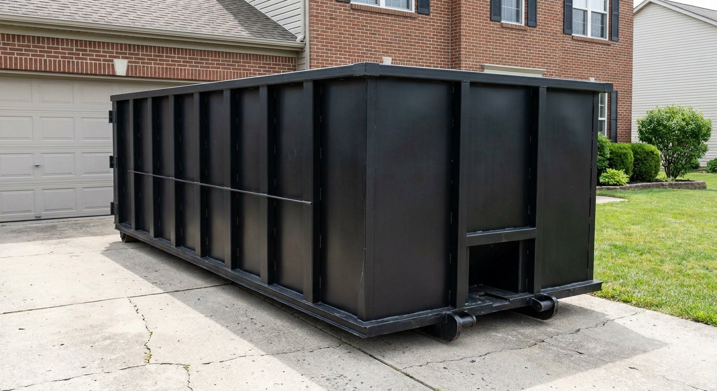 Matte-black 20-yard roll-off container on a Pearland residential concrete driveway with reinforced ribbed steel sidewalls and a hinged rear walk-in door, clean bright daylight.