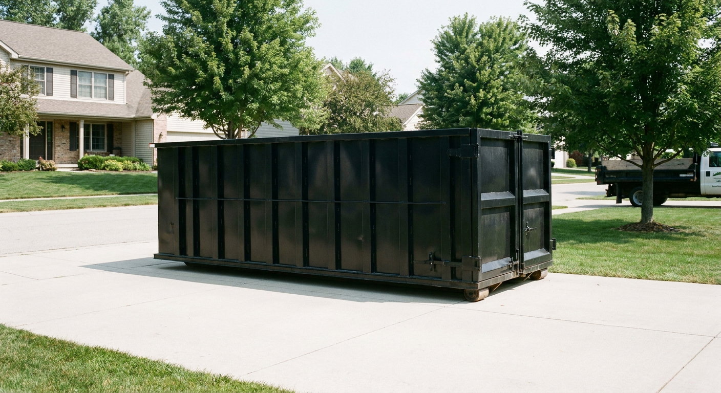 Matte-black 20-yard roll-off dumpster sitting level on a clean Pearland residential concrete driveway under bright daylight, demonstrating clean placement directly on the concrete.