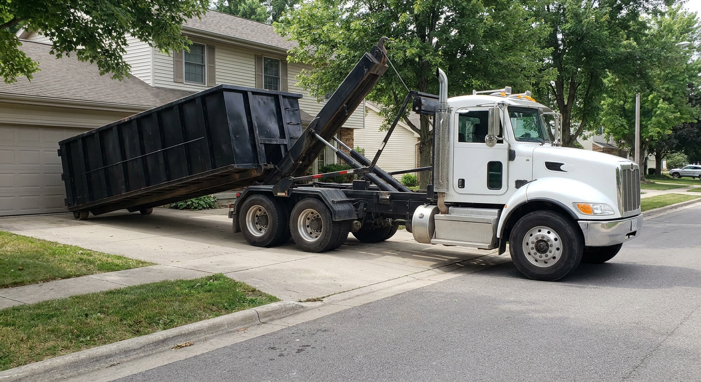 White-cab hooklift roll-off truck actively lowering a matte-black dumpster onto a Pearland residential concrete driveway, the dumpster's rear wheels touching the driveway as the hoist arm tilts the bed forward, mid-morning daylight.