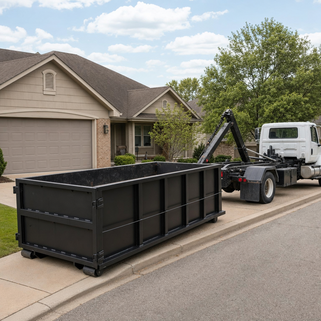 Wide documentary shot of a matte-black roll-off dumpster on a Pearland residential driveway in the foreground and a contractor jobsite container in the soft-focus background, bright daylight, calm and orderly composition.