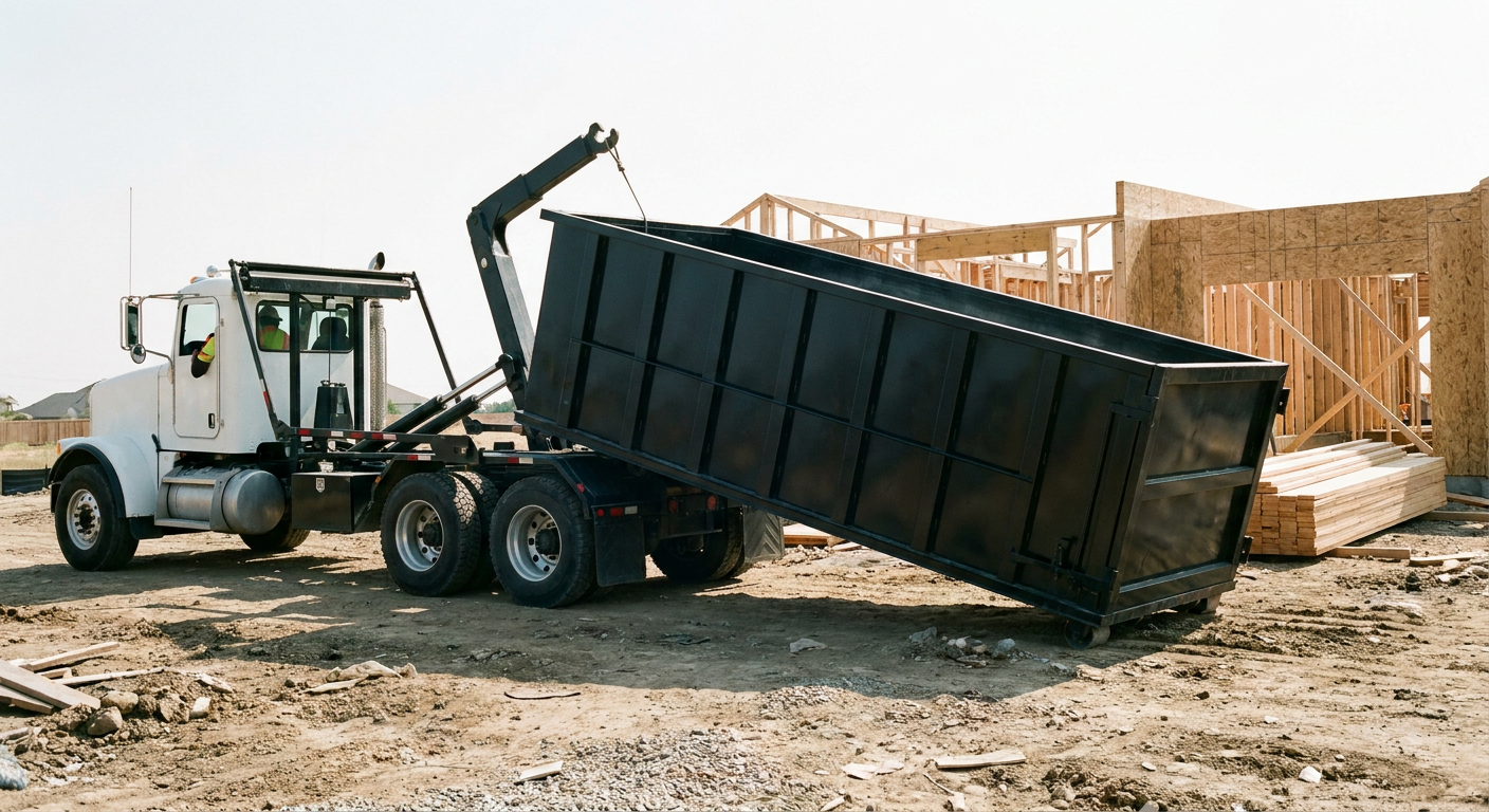 Matte-black roll-off dumpster being delivered onto a clean residential concrete driveway in Pearland by an unmarked white hooklift hauler truck, bright morning daylight, documentary 35mm perspective.